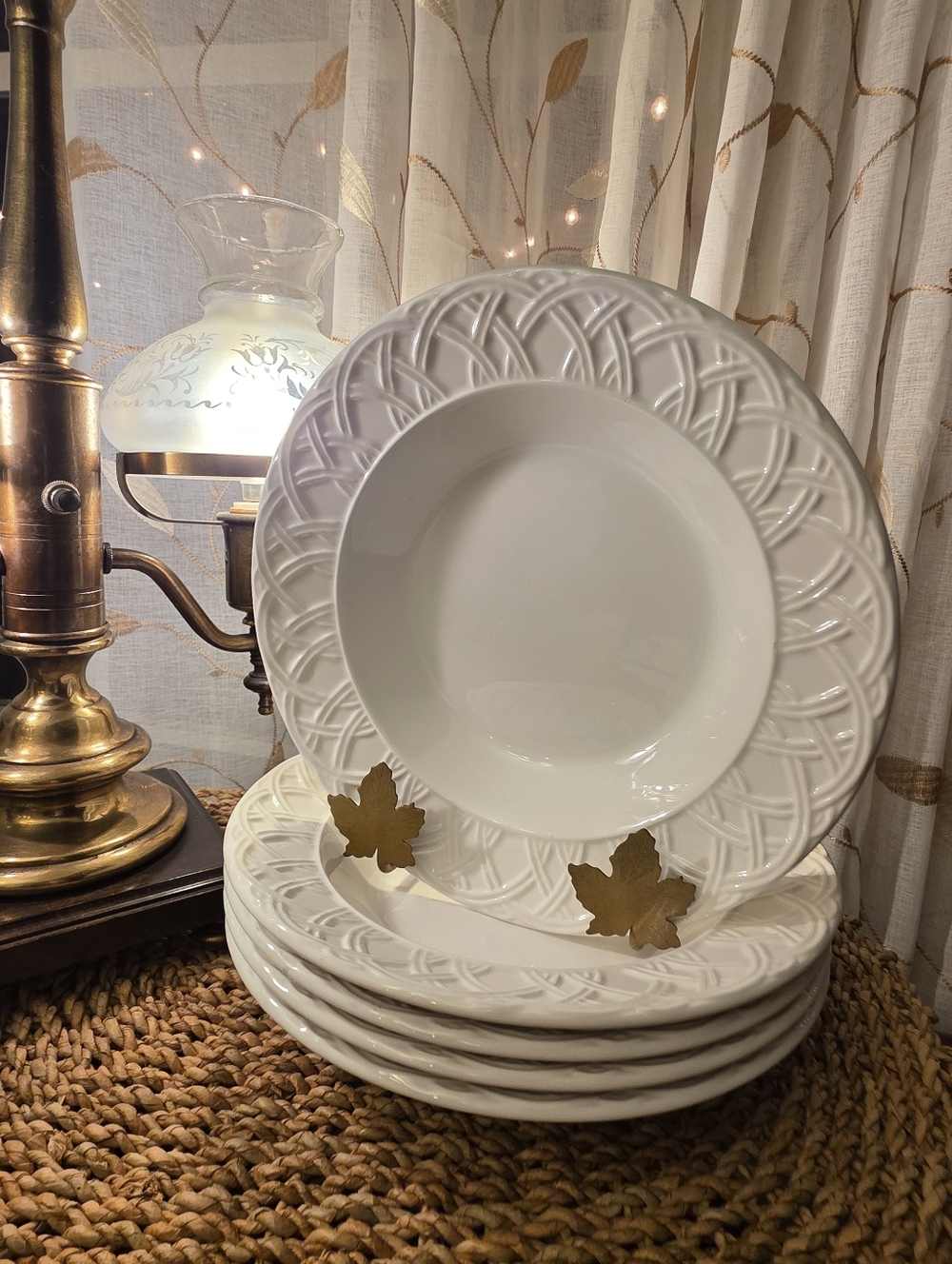 Italian Handcrafted Ceramica Quadrifoglio Embossed Weave Rimmed Bowls Set of 5